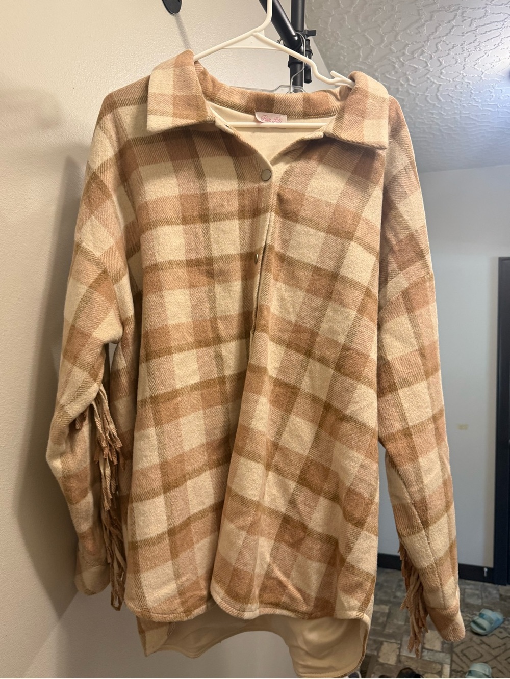 Pink Lily Plaid Fringe Shacket in Cream and Tan